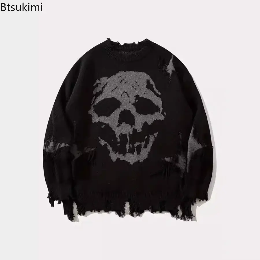 Autumn Winter Men /Women's Hip Hop Knitted Sweater Skull Pattern Printed Jacquard Hole Loose Pullover Tops Casual Street Wear