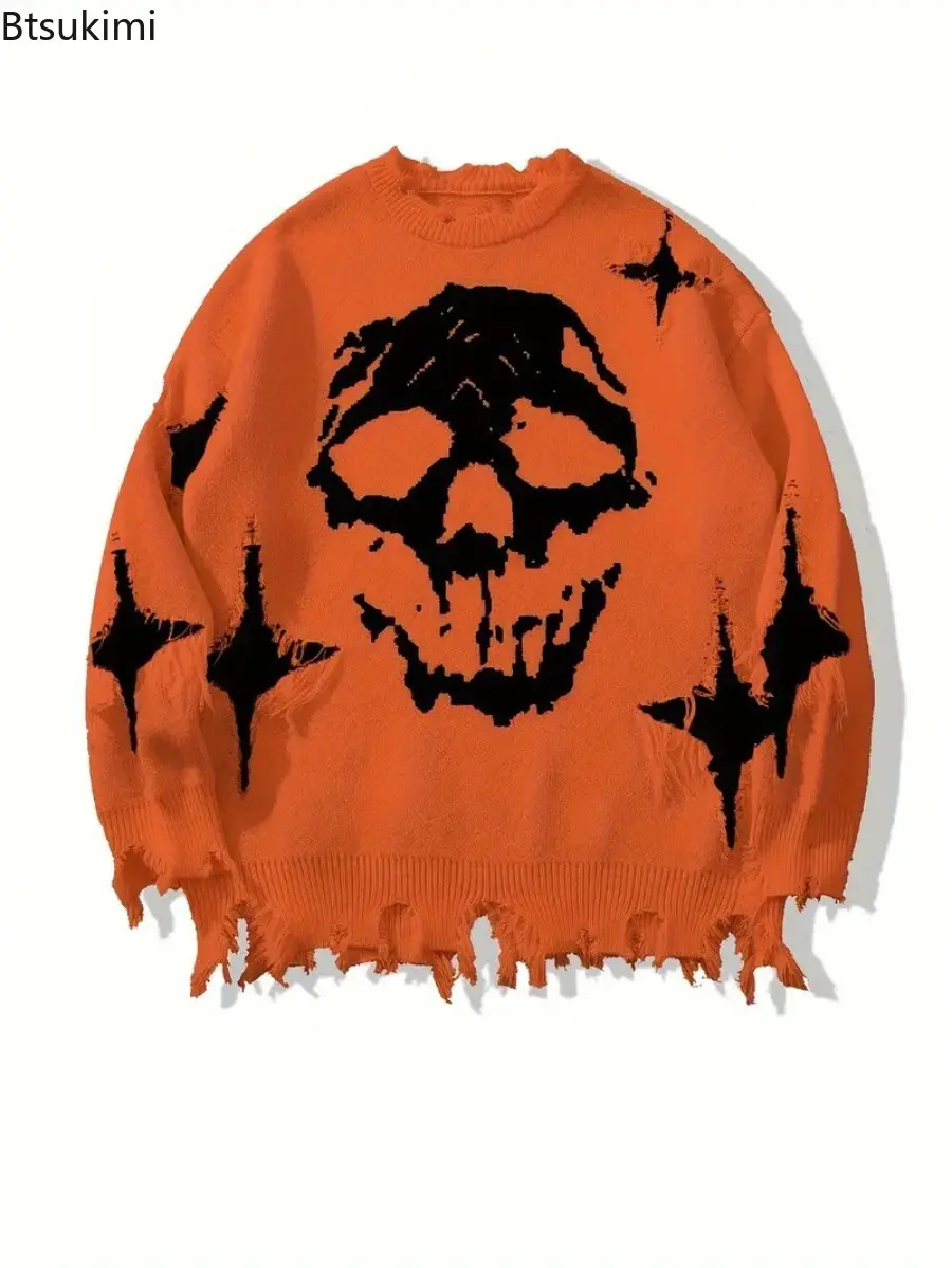 Autumn Winter Men /Women's Hip Hop Knitted Sweater Skull Pattern Printed Jacquard Hole Loose Pullover Tops Casual Street Wear