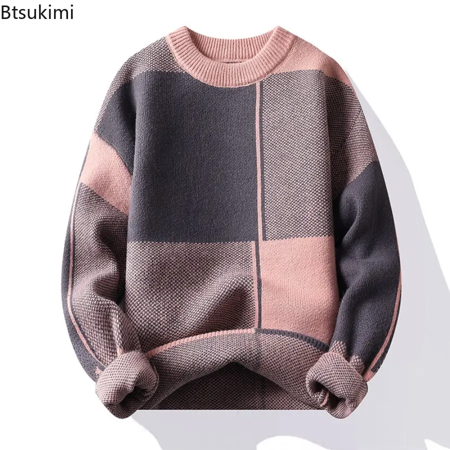 New Winter Warm Sweater Men Half Turtleneck Long Sleeve Pullover Street Patchwork Sweaters Men Autumn Casual Loose Knitted Tops