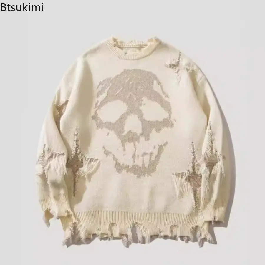 Autumn Winter Men /Women's Hip Hop Knitted Sweater Skull Pattern Printed Jacquard Hole Loose Pullover Tops Casual Street Wear