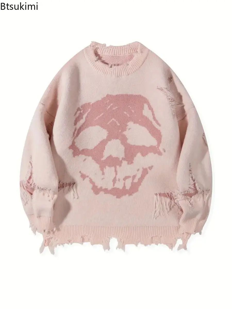 Autumn Winter Men /Women's Hip Hop Knitted Sweater Skull Pattern Printed Jacquard Hole Loose Pullover Tops Casual Street Wear
