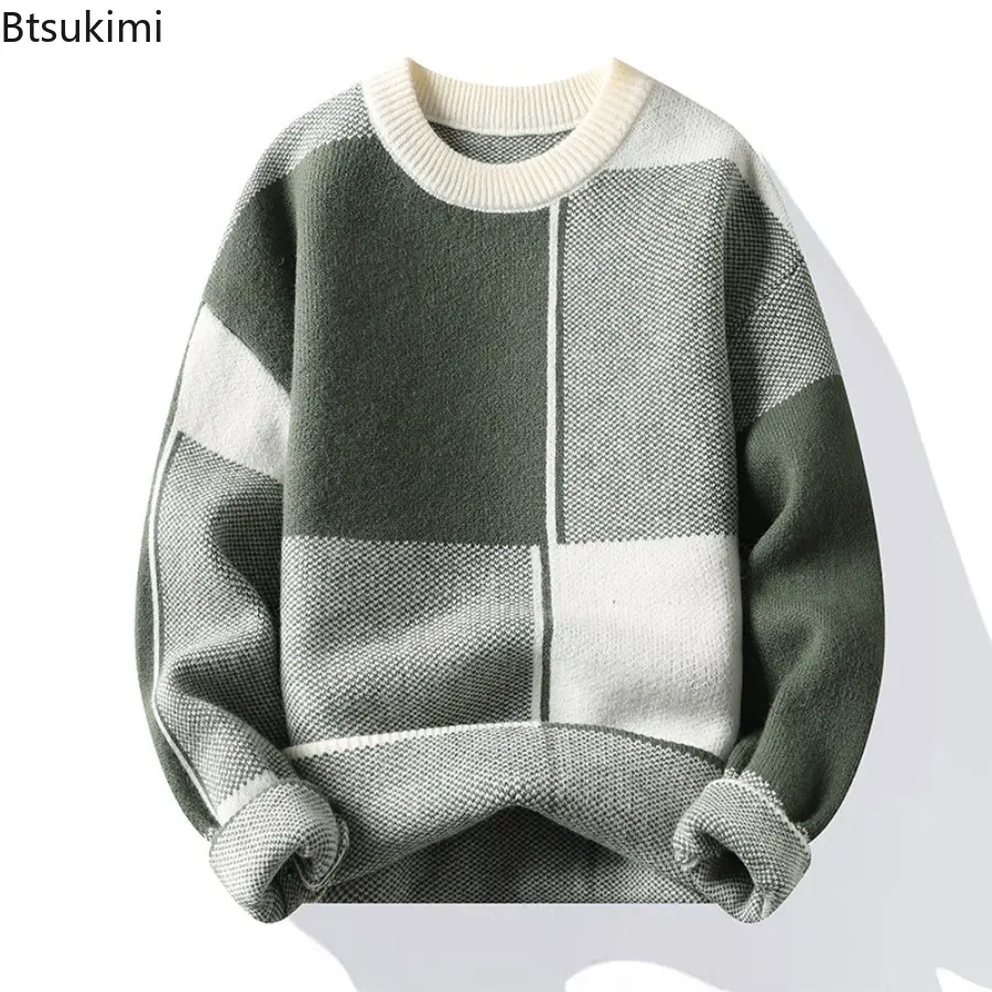 New Winter Warm Sweater Men Half Turtleneck Long Sleeve Pullover Street Patchwork Sweaters Men Autumn Casual Loose Knitted Tops