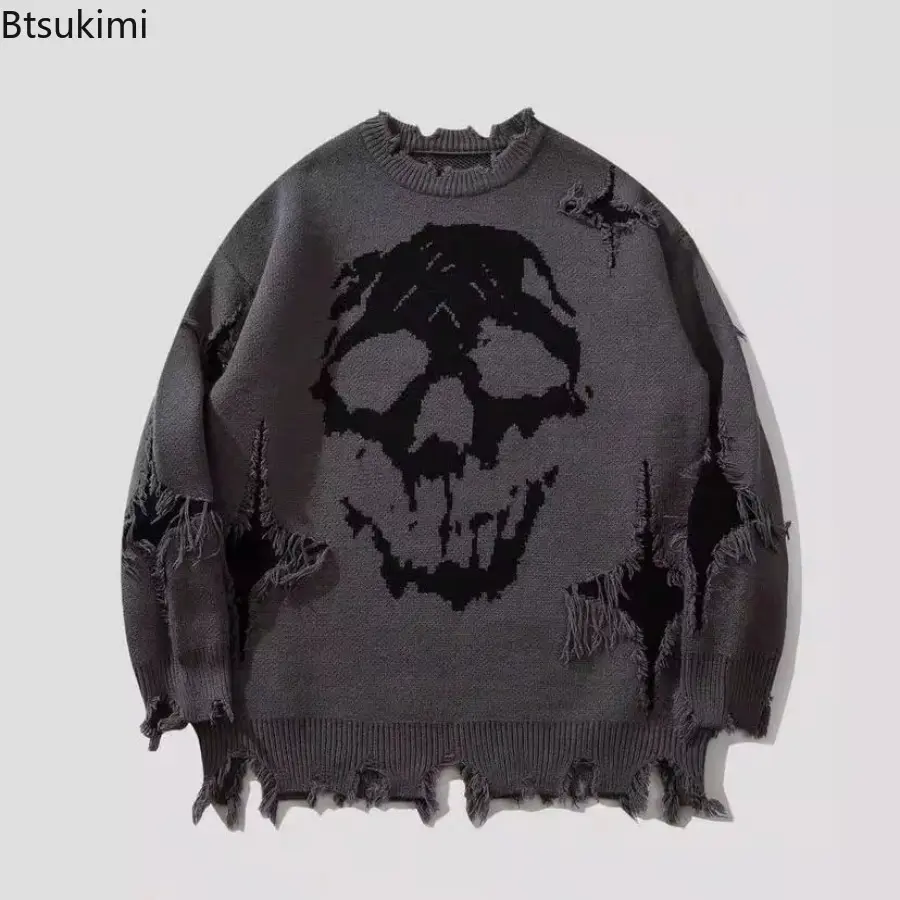 Autumn Winter Men /Women's Hip Hop Knitted Sweater Skull Pattern Printed Jacquard Hole Loose Pullover Tops Casual Street Wear
