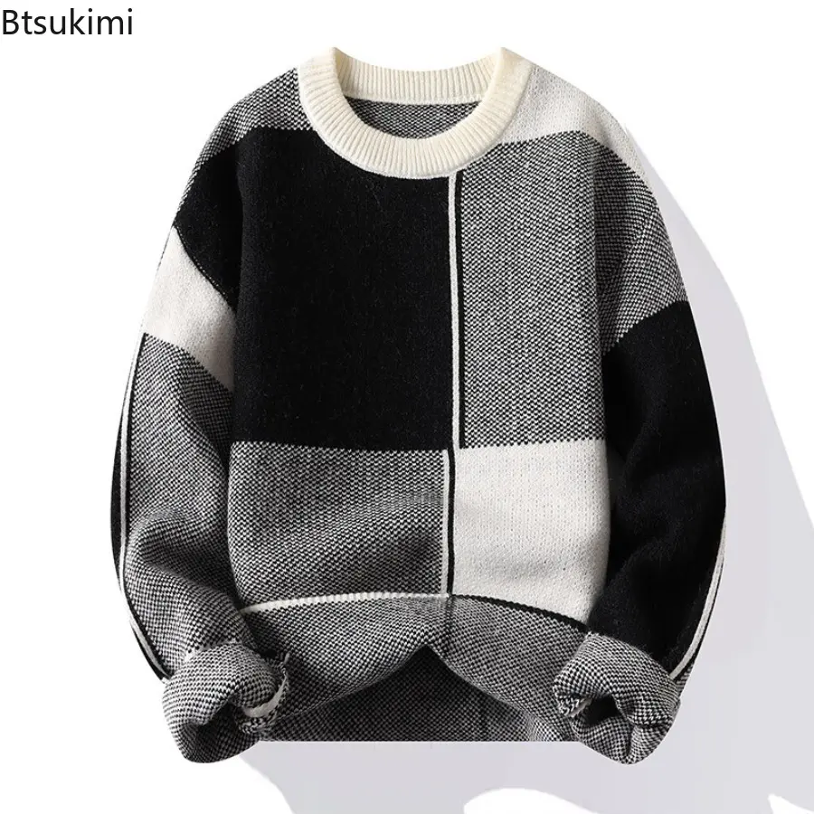 New Winter Warm Sweater Men Half Turtleneck Long Sleeve Pullover Street Patchwork Sweaters Men Autumn Casual Loose Knitted Tops