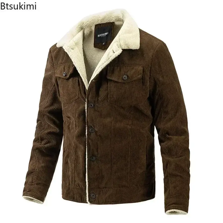 2025 Autumn Winter Men's Fleece Warm Jacket Corduroy Casual Coat Fashion Turn-down Collar Single Breasted Thermal Outerwear Male