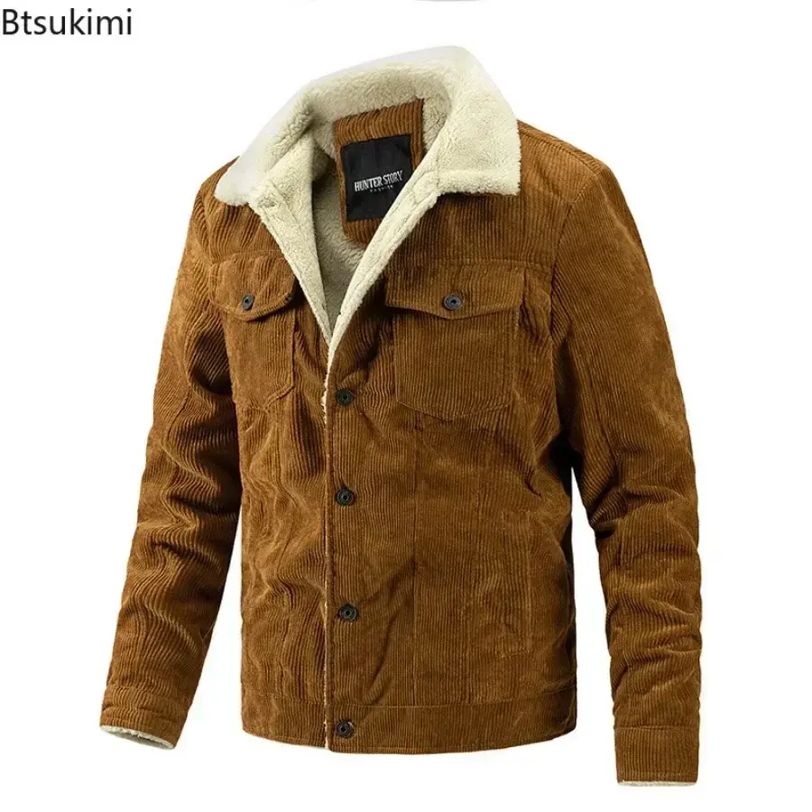 2025 Autumn Winter Men's Fleece Warm Jacket Corduroy Casual Coat Fashion Turn-down Collar Single Breasted Thermal Outerwear Male