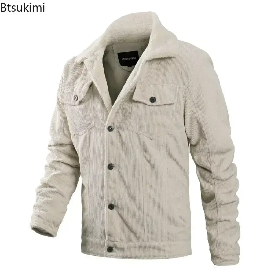2025 Autumn Winter Men's Fleece Warm Jacket Corduroy Casual Coat Fashion Turn-down Collar Single Breasted Thermal Outerwear Male