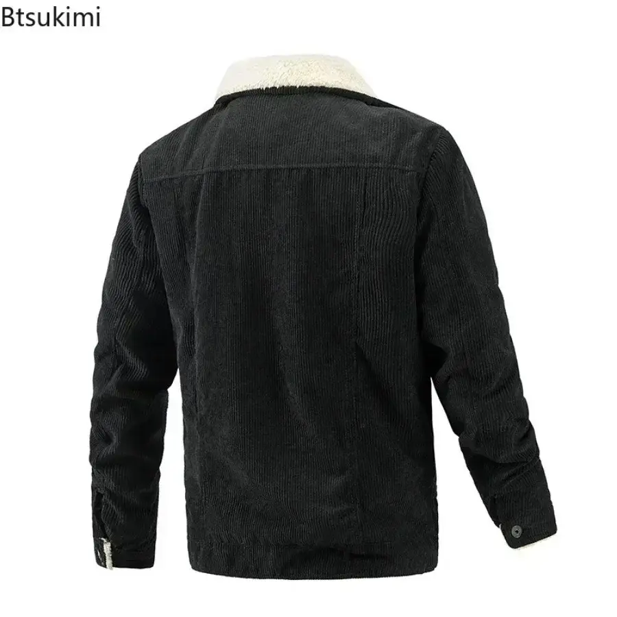 2025 Autumn Winter Men's Fleece Warm Jacket Corduroy Casual Coat Fashion Turn-down Collar Single Breasted Thermal Outerwear Male