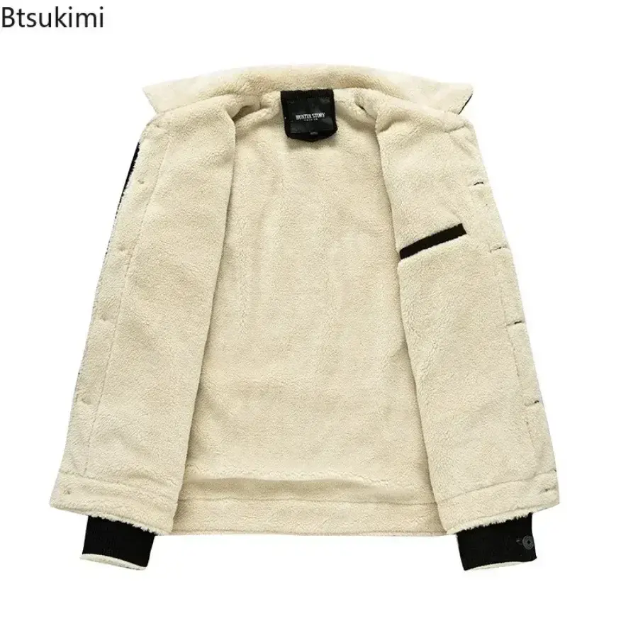 2025 Autumn Winter Men's Fleece Warm Jacket Corduroy Casual Coat Fashion Turn-down Collar Single Breasted Thermal Outerwear Male