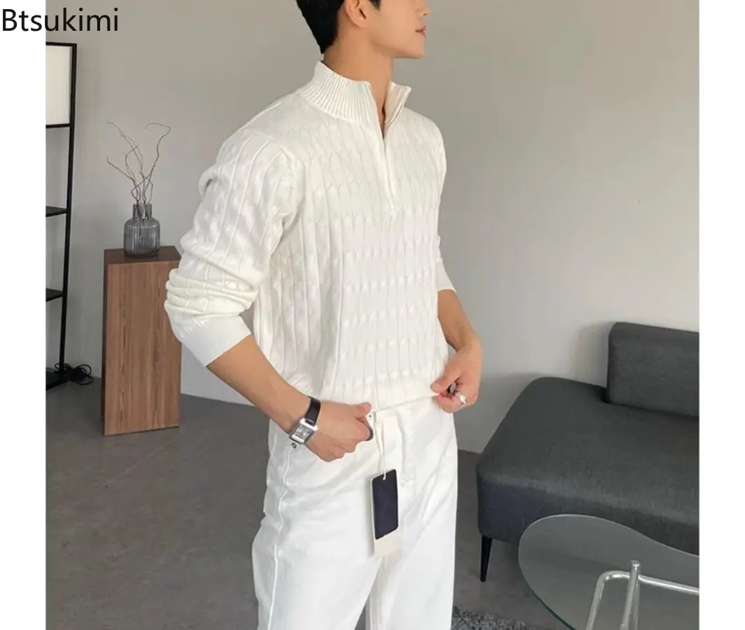 New Men's Luxury Leisure Knit Mock Turtleneck Zipper Pullover Sweater Streetwear Retro Solid Long Sleeve Versatile Knitted Coats
