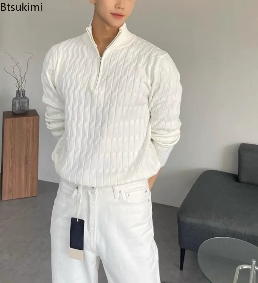 New Men's Luxury Leisure Knit Mock Turtleneck Zipper Pullover Sweater Streetwear Retro Solid Long Sleeve Versatile Knitted Coats