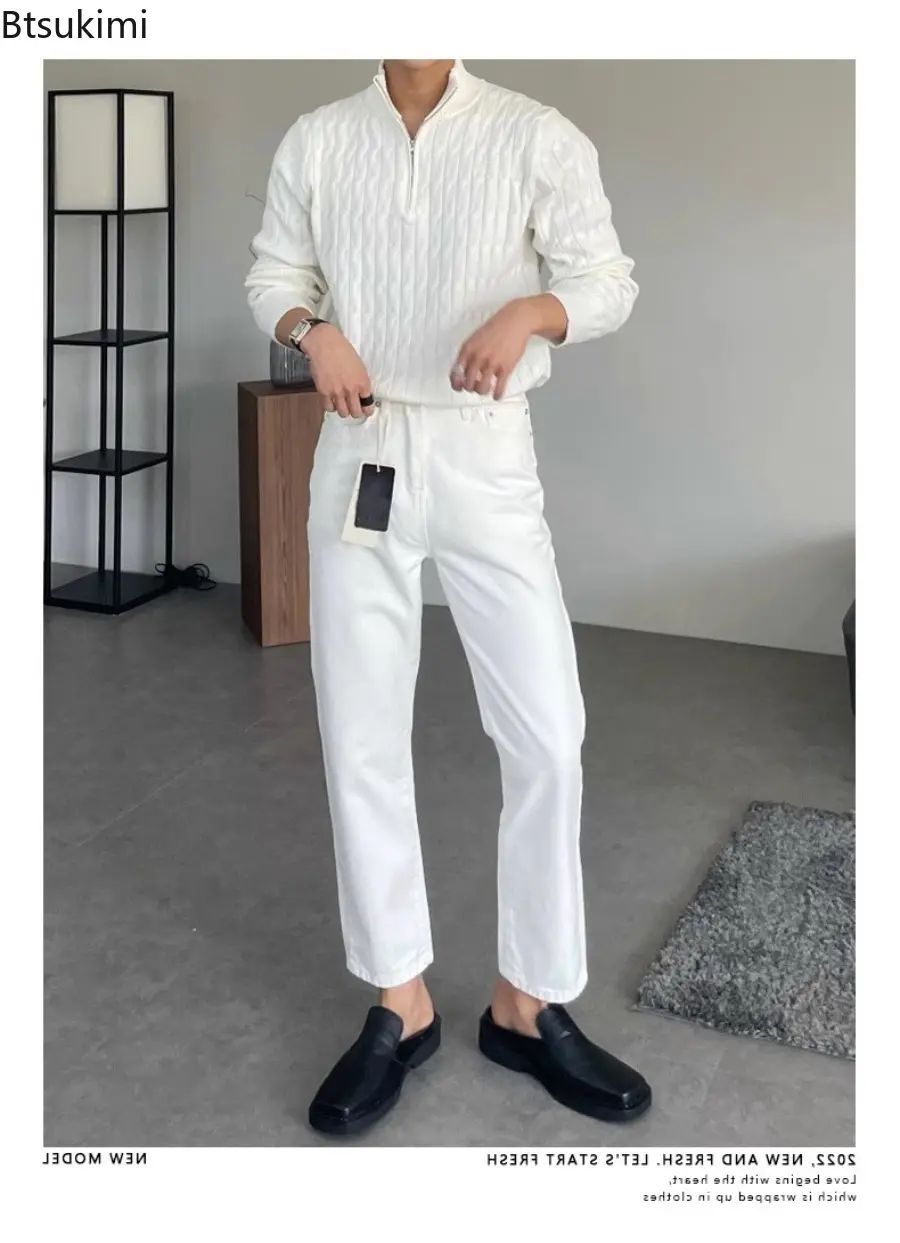 New Men's Luxury Leisure Knit Mock Turtleneck Zipper Pullover Sweater Streetwear Retro Solid Long Sleeve Versatile Knitted Coats