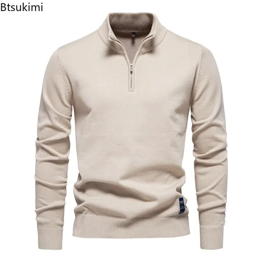 2025 New Mens Long Sleeve Quarter Zip Cotton Pullover Sweaters Solid Color Casual Social Knit Slim Fit Mock Neck Polo Sweaters