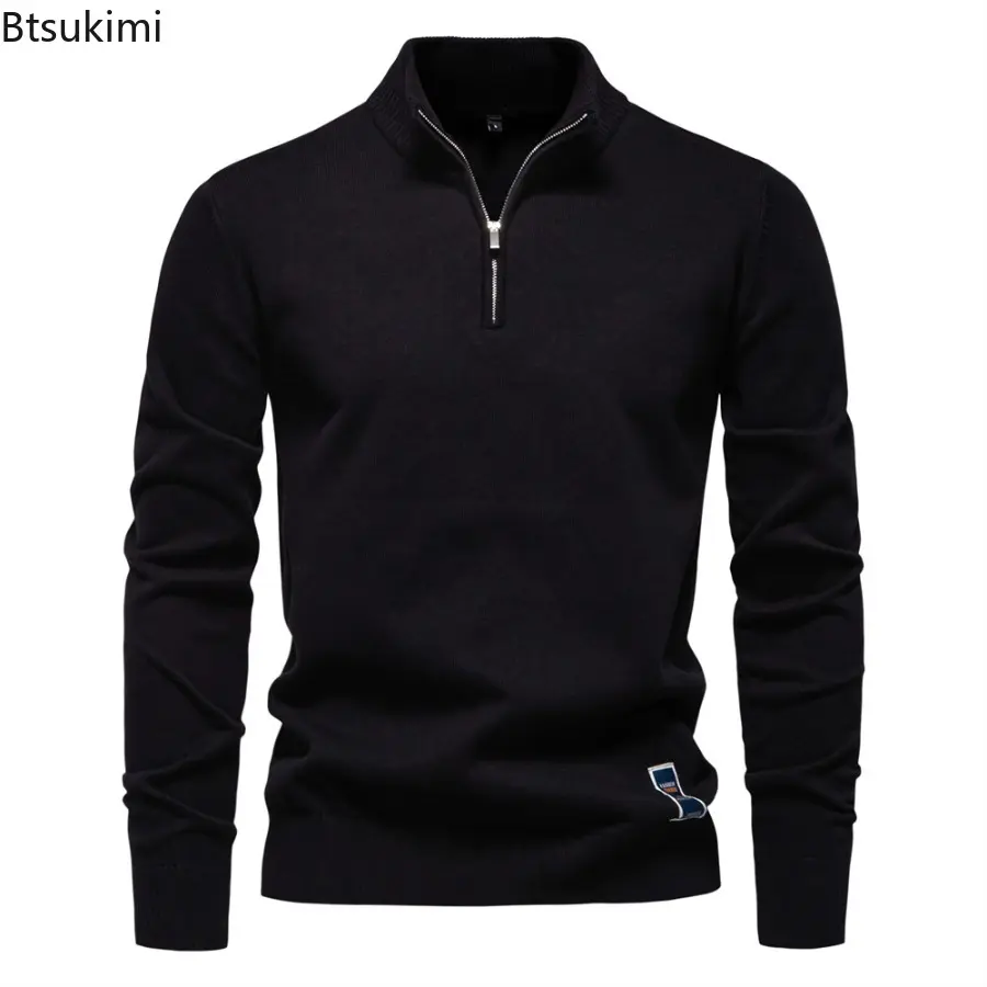 2025 New Mens Long Sleeve Quarter Zip Cotton Pullover Sweaters Solid Color Casual Social Knit Slim Fit Mock Neck Polo Sweaters