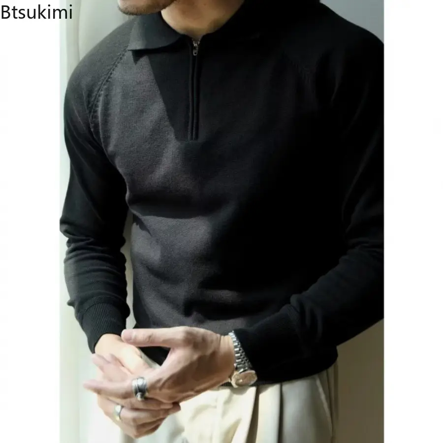 2025 Autumn/Winter Men's Half-height Zipper Knitted Long-sleeved Polo Shirt Sweater Men Retro Business Casual Commuter Pullover