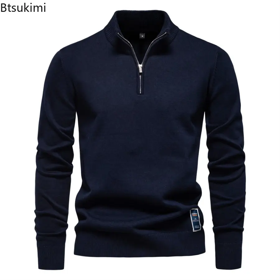 2025 New Mens Long Sleeve Quarter Zip Cotton Pullover Sweaters Solid Color Casual Social Knit Slim Fit Mock Neck Polo Sweaters