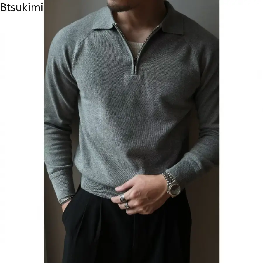 2025 Autumn/Winter Men's Half-height Zipper Knitted Long-sleeved Polo Shirt Sweater Men Retro Business Casual Commuter Pullover