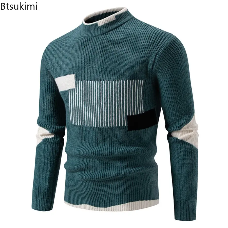 2025 Men's Sweater Fashion Color Block Autumn/Winter Knitted Sweater Fashion High Street Pullover Outdoor Loose Warm Thick Coats
