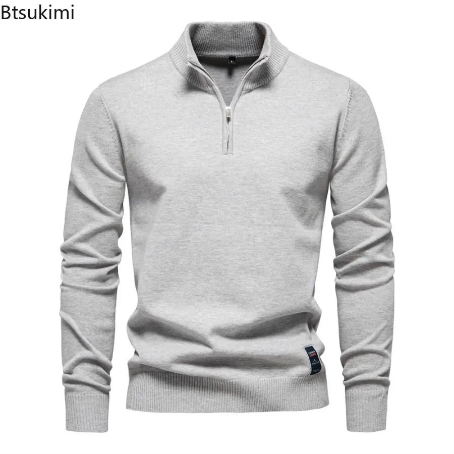 2025 New Mens Long Sleeve Quarter Zip Cotton Pullover Sweaters Solid Color Casual Social Knit Slim Fit Mock Neck Polo Sweaters