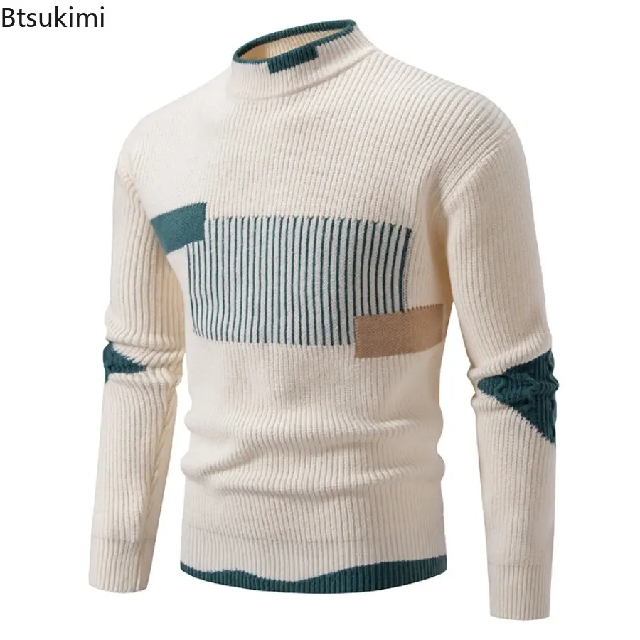 2025 Men's Sweater Fashion Color Block Autumn/Winter Knitted Sweater Fashion High Street Pullover Outdoor Loose Warm Thick Coats