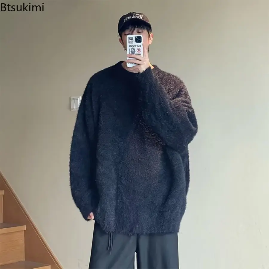 Winter Men's Solid Fluffy Knitted Sweaters New Korean Fashion Loose Warm Pullovers Winter Couples Y2K Vintage Knitwear Jumpers