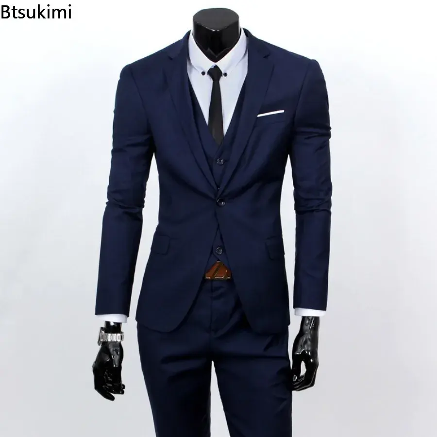 Fashion Korean Plus Size 6XL Suits Sets Men's Solid Slim Formal Blazer Jacket Vest Pants 3 Piece Sets Men Business Party Outfits