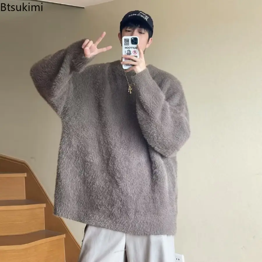 Winter Men's Solid Fluffy Knitted Sweaters New Korean Fashion Loose Warm Pullovers Winter Couples Y2K Vintage Knitwear Jumpers