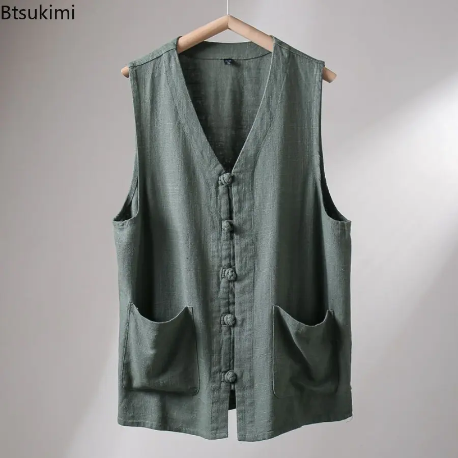 2025 Men's Cotton and Linen Breathable Summer Chinese Retro Button Neck Loose Vest Jacket Casual Cotton Techwear Waistcoat Male