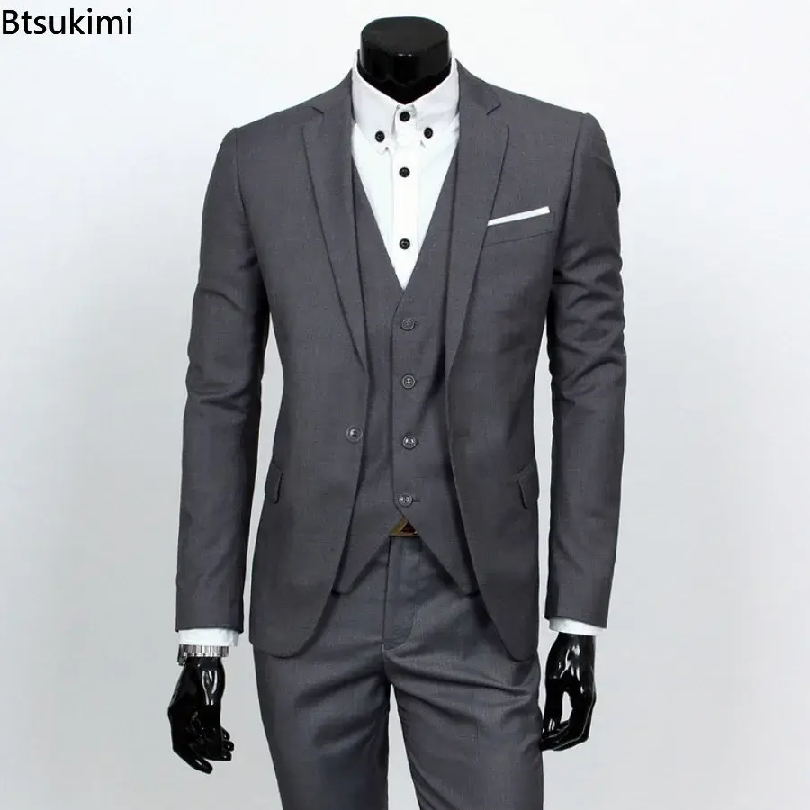 Fashion Korean Plus Size 6XL Suits Sets Men's Solid Slim Formal Blazer Jacket Vest Pants 3 Piece Sets Men Business Party Outfits