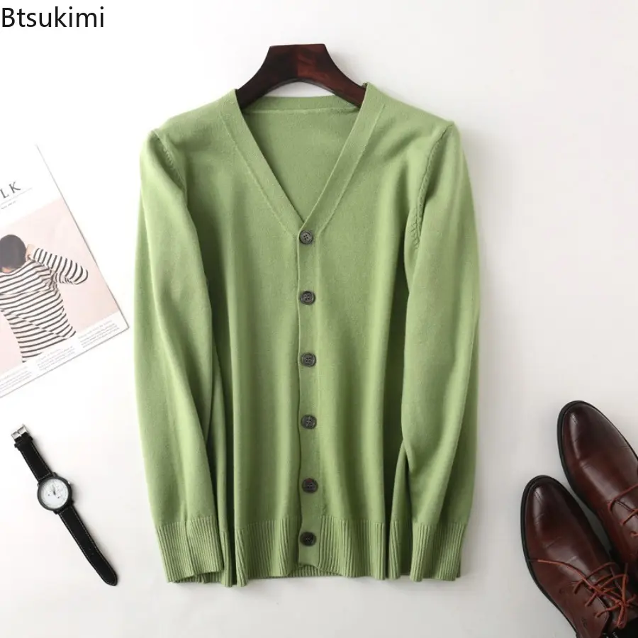 Spring and Autumn Men's Knitwear Blend Cardigan Outerwear V-Neck Solid Color Warm High Quality Basic Comfort Clothing for Men