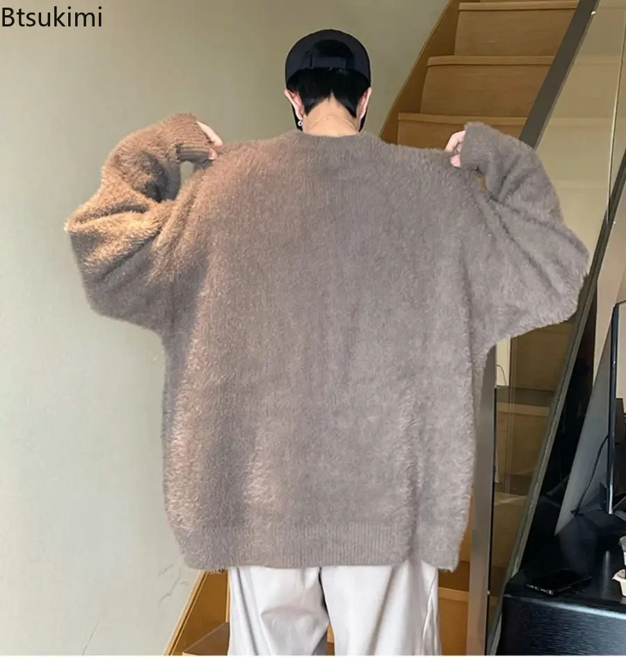 Winter Men's Solid Fluffy Knitted Sweaters New Korean Fashion Loose Warm Pullovers Winter Couples Y2K Vintage Knitwear Jumpers