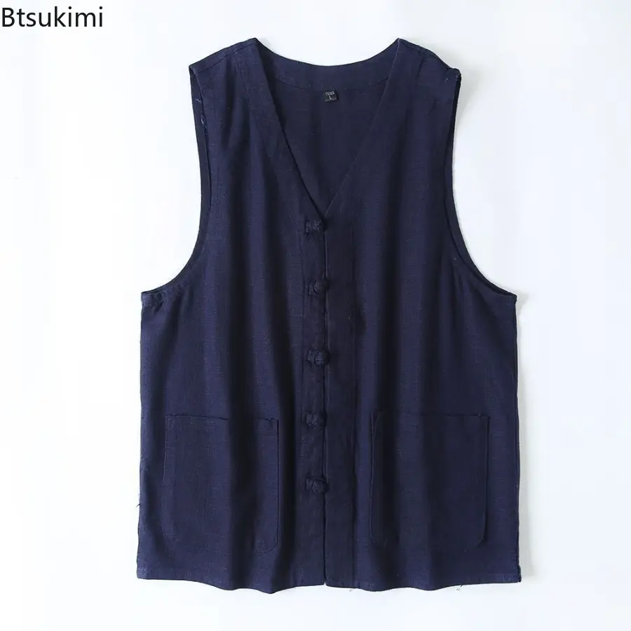 2025 Men's Cotton and Linen Breathable Summer Chinese Retro Button Neck Loose Vest Jacket Casual Cotton Techwear Waistcoat Male