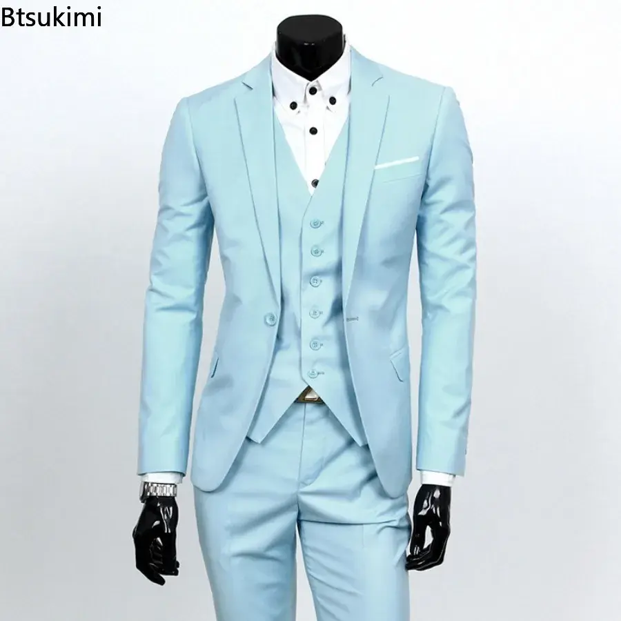 Fashion Korean Plus Size 6XL Suits Sets Men's Solid Slim Formal Blazer Jacket Vest Pants 3 Piece Sets Men Business Party Outfits