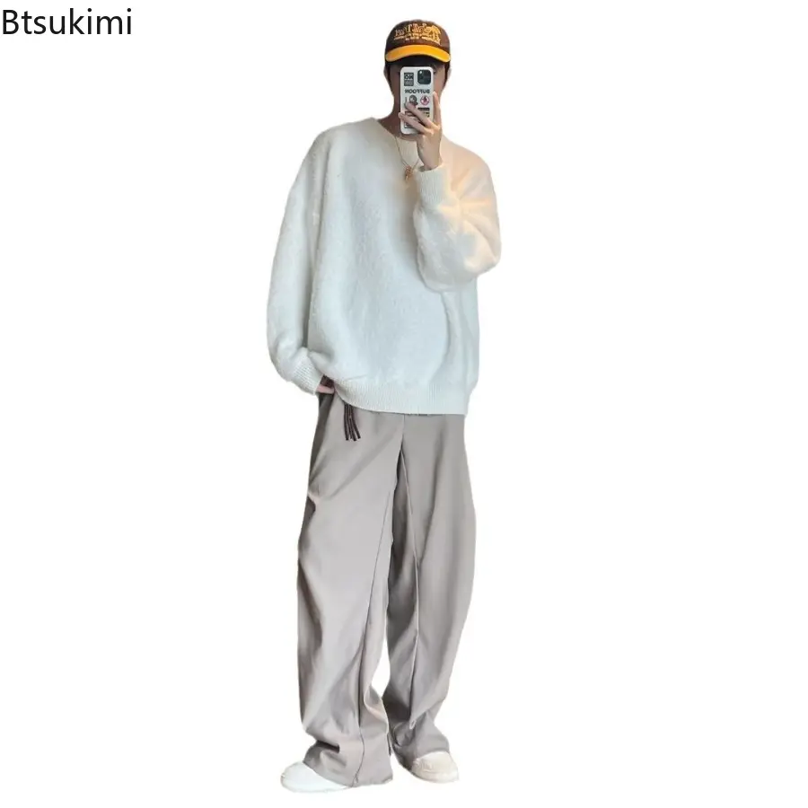 Winter Men's Solid Fluffy Knitted Sweaters New Korean Fashion Loose Warm Pullovers Winter Couples Y2K Vintage Knitwear Jumpers