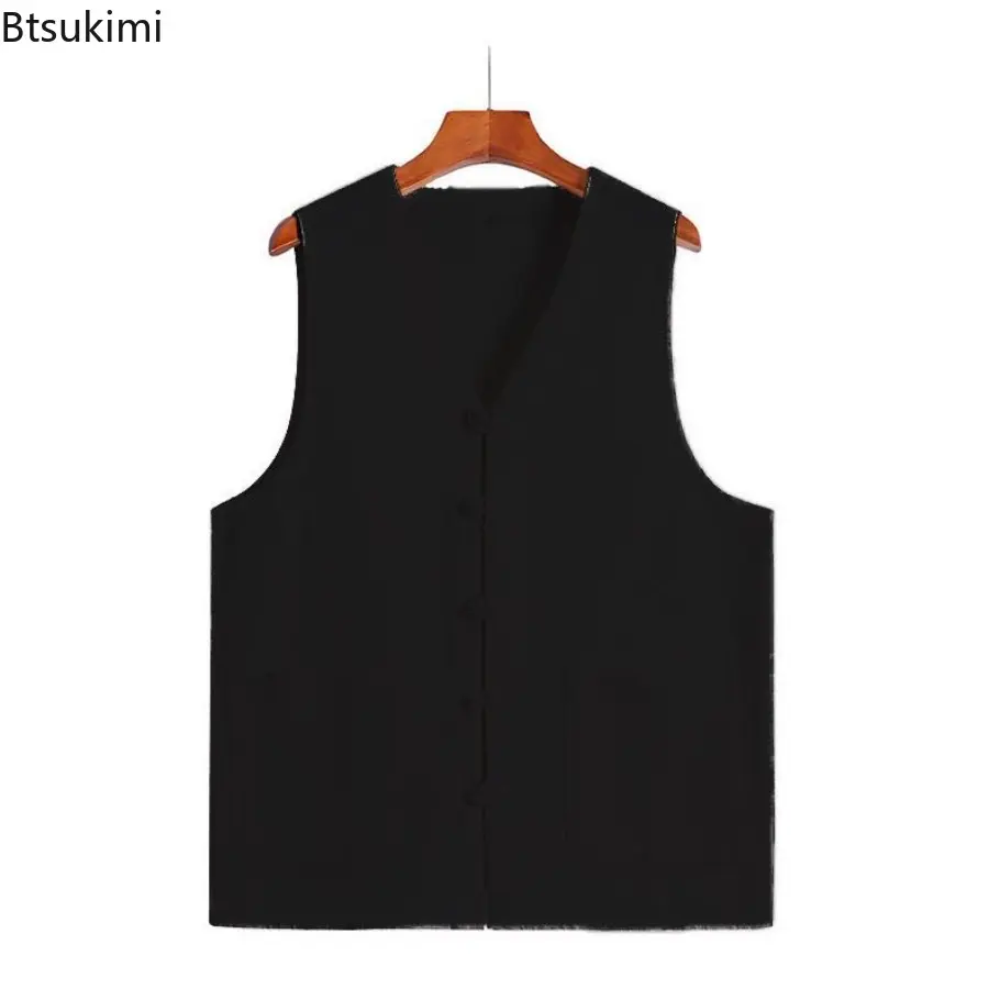 2025 Men's Cotton and Linen Breathable Summer Chinese Retro Button Neck Loose Vest Jacket Casual Cotton Techwear Waistcoat Male