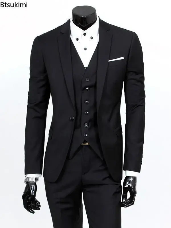 Fashion Korean Plus Size 6XL Suits Sets Men's Solid Slim Formal Blazer Jacket Vest Pants 3 Piece Sets Men Business Party Outfits