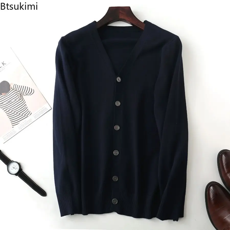 Spring and Autumn Men's Knitwear Blend Cardigan Outerwear V-Neck Solid Color Warm High Quality Basic Comfort Clothing for Men