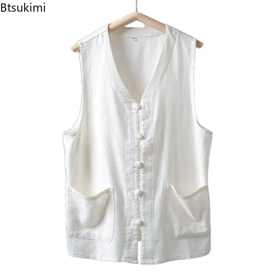 2025 Men's Cotton and Linen Breathable Summer Chinese Retro Button Neck Loose Vest Jacket Casual Cotton Techwear Waistcoat Male