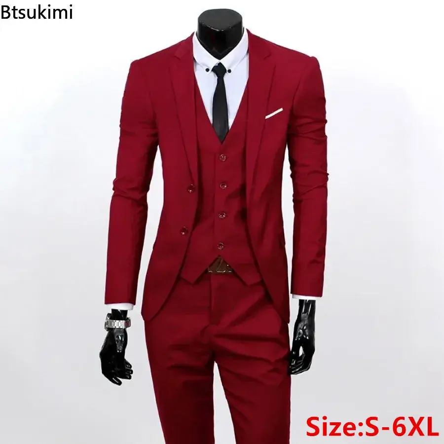 Fashion Korean Plus Size 6XL Suits Sets Men's Solid Slim Formal Blazer Jacket Vest Pants 3 Piece Sets Men Business Party Outfits