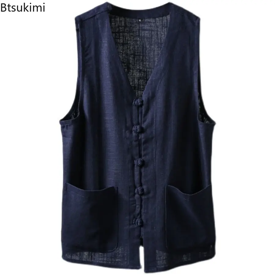 2025 Men's Cotton and Linen Breathable Summer Chinese Retro Button Neck Loose Vest Jacket Casual Cotton Techwear Waistcoat Male
