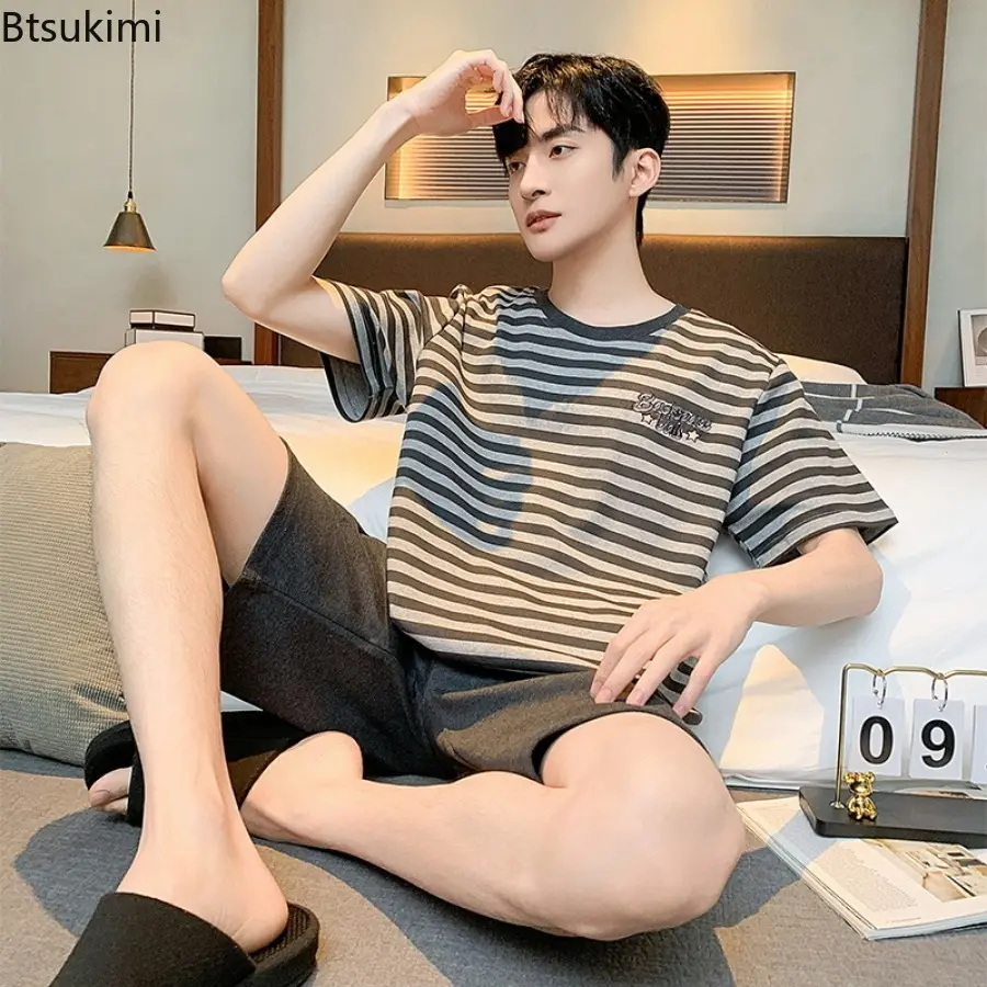 Summer Hot Sale Men's Cotton Pajamas Two Piece Sets Fashion Simple Casual Homewear Short-sleeve Tops with Shorts Men Lounge Sets