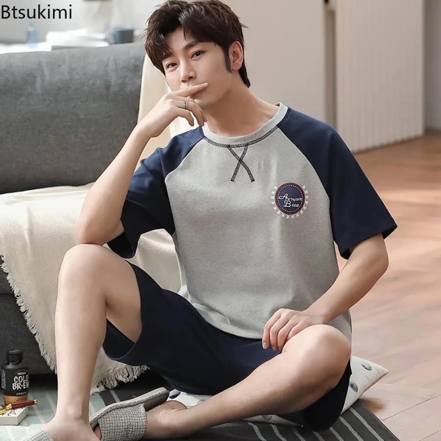 Summer Hot Sale Men's Cotton Pajamas Two Piece Sets Fashion Simple Casual Homewear Short-sleeve Tops with Shorts Men Lounge Sets