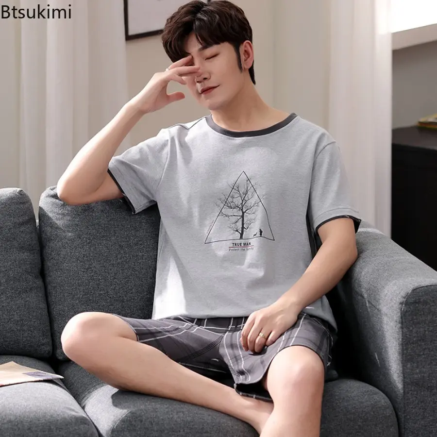 Summer Hot Sale Men's Cotton Pajamas Two Piece Sets Fashion Simple Casual Homewear Short-sleeve Tops with Shorts Men Lounge Sets