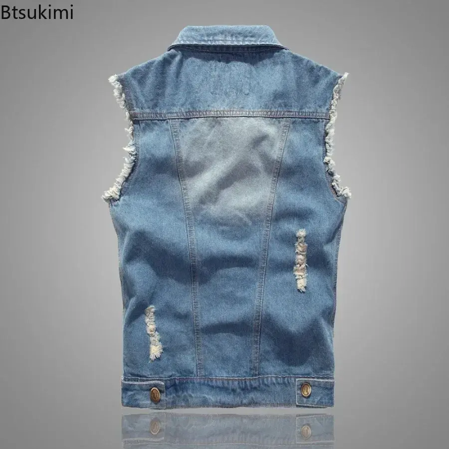 Fashion New Denim Sleeveless Jacket Men's Cotton Casual Jeans Waistcoat Korean Hole Cowboy Slim Vest 2025 Men Hip Hop Streetwear