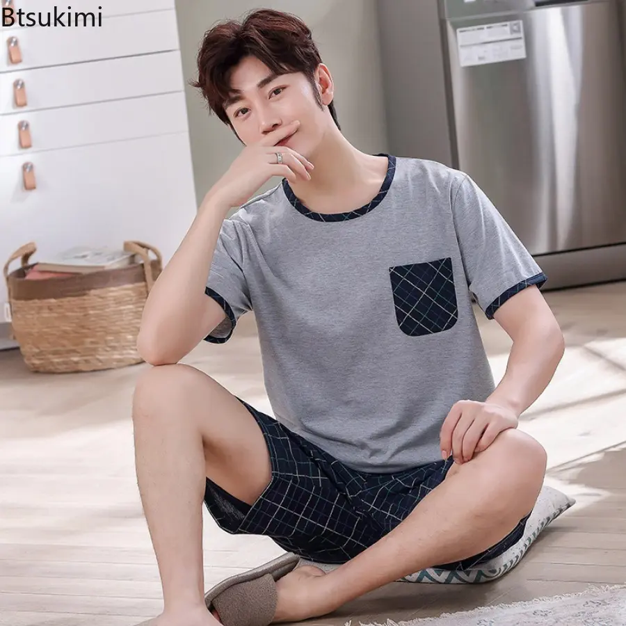 Summer Hot Sale Men's Cotton Pajamas Two Piece Sets Fashion Simple Casual Homewear Short-sleeve Tops with Shorts Men Lounge Sets