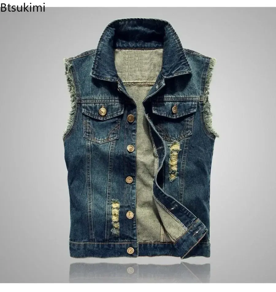 Fashion New Denim Sleeveless Jacket Men's Cotton Casual Jeans Waistcoat Korean Hole Cowboy Slim Vest 2025 Men Hip Hop Streetwear