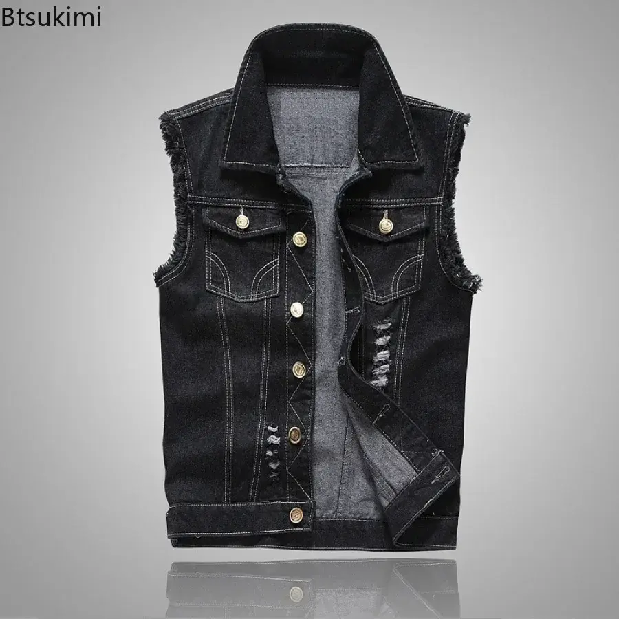 Fashion New Denim Sleeveless Jacket Men's Cotton Casual Jeans Waistcoat Korean Hole Cowboy Slim Vest 2025 Men Hip Hop Streetwear