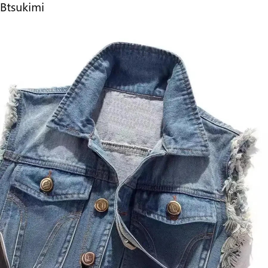 Fashion New Denim Sleeveless Jacket Men's Cotton Casual Jeans Waistcoat Korean Hole Cowboy Slim Vest 2025 Men Hip Hop Streetwear