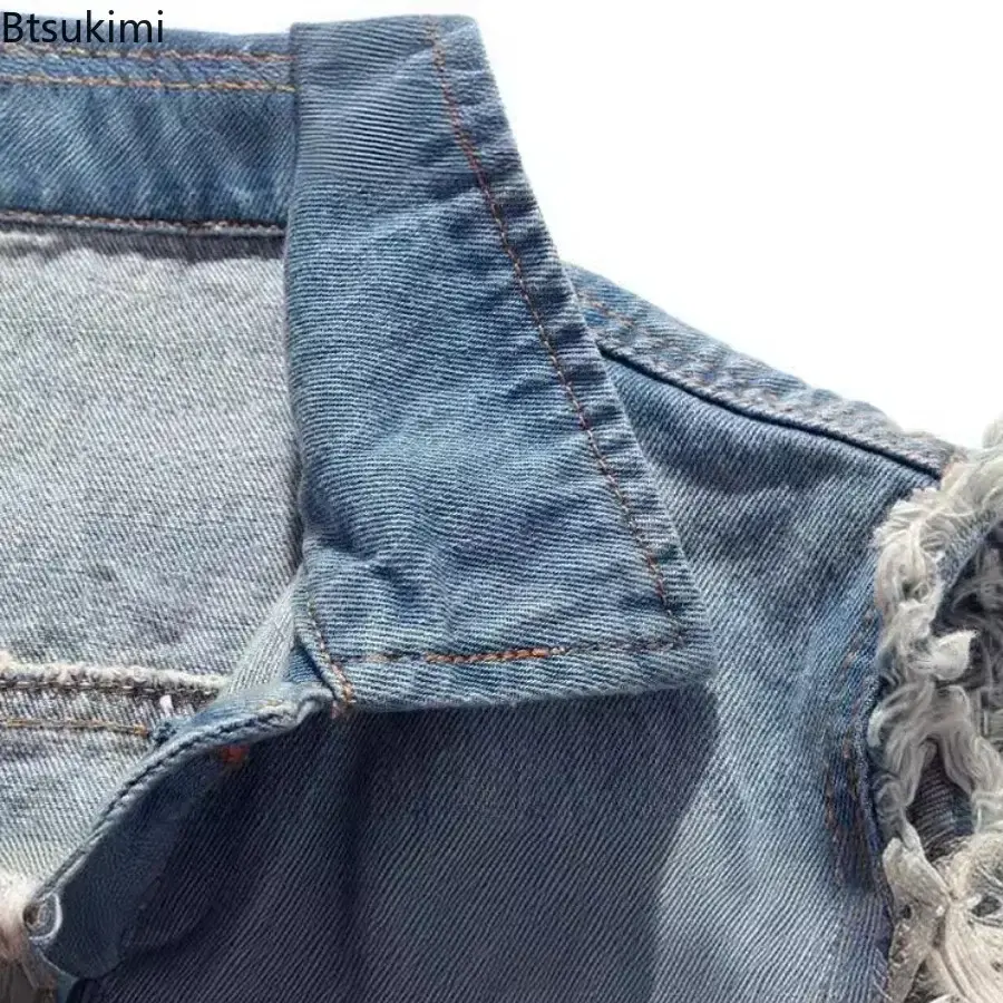 Fashion New Denim Sleeveless Jacket Men's Cotton Casual Jeans Waistcoat Korean Hole Cowboy Slim Vest 2025 Men Hip Hop Streetwear