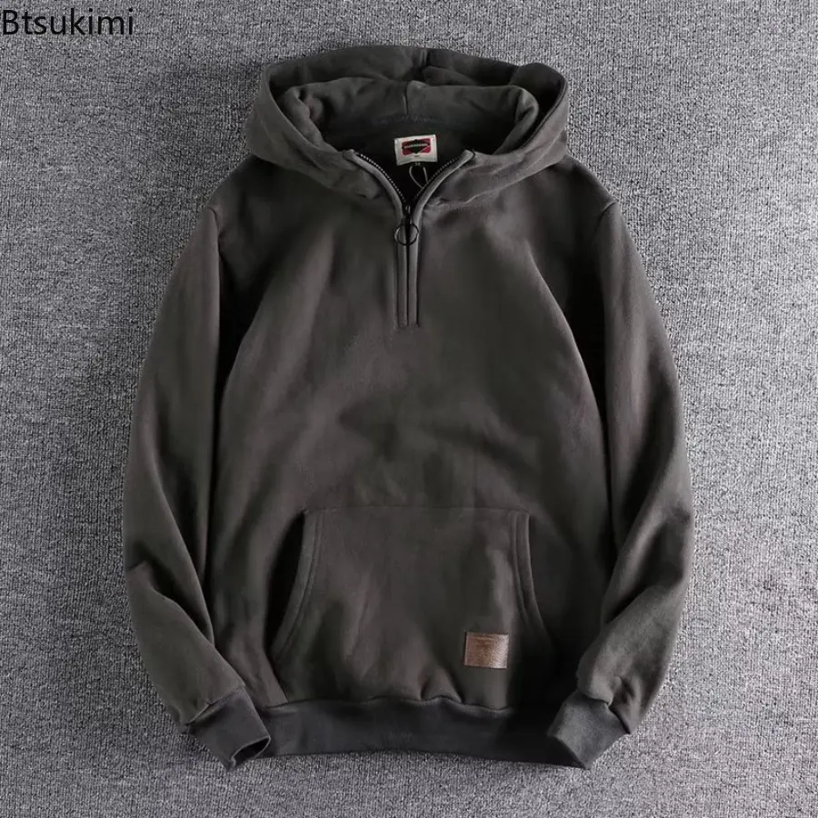 2025 Loose Male Hoodie Solid Autumn Winter Warm Half Zip Sweatshirts Solid Casual and Loose Hooded Versatile Couple Tops Coats